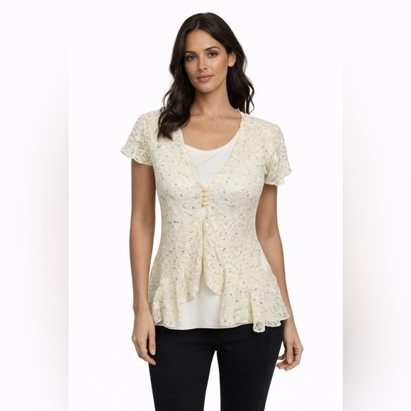 new directions Tops - New Directions Women’s Ivory Sequins Top Size PS Short Cap Sleeve